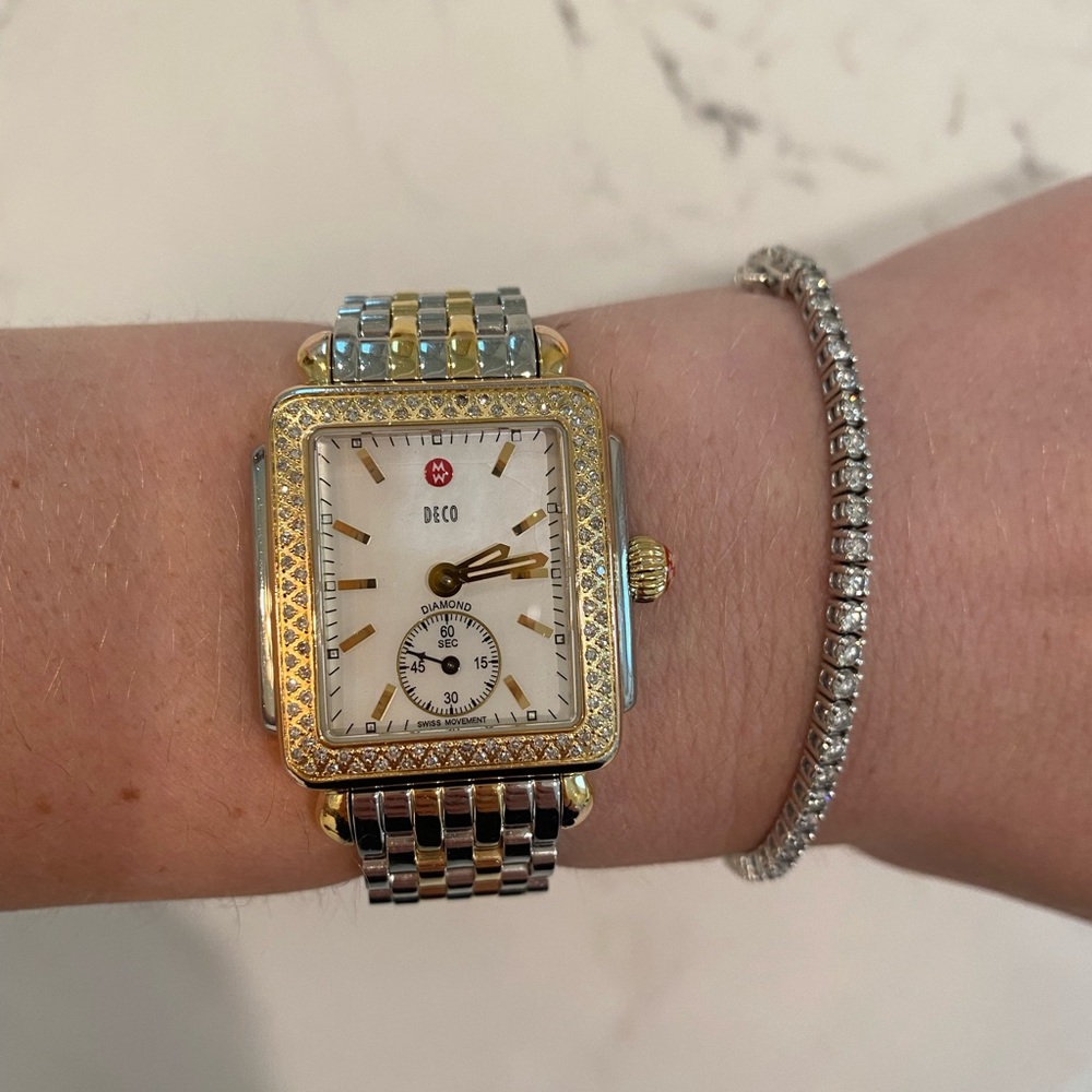 Michele Deco Two-Tone 18k Gold Diamond Watch with mother of pearl face